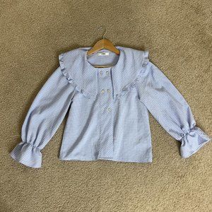 PUFF SLEEVE ROUND NECK BUTTON GINGHAM SHIRT BLOUSE